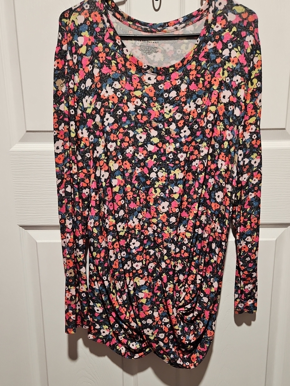 Lane Bryant Black Floral Long-Sleeve Twist-Hem Dress